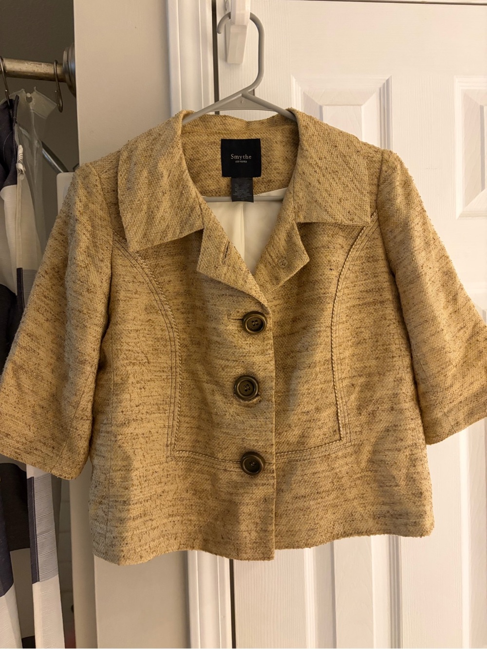 Smythe Short Sleeve Cropped Blazer 3-Button Gold Tweed size 10